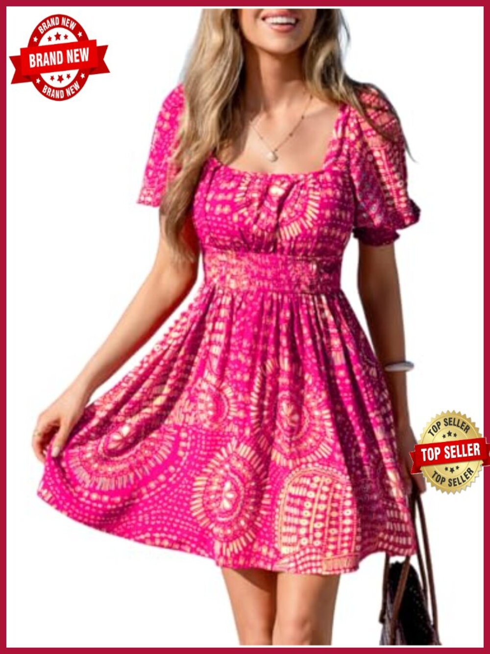 Paisley Mini Dress Smocked Puff Sleeve Square Neck Rayon